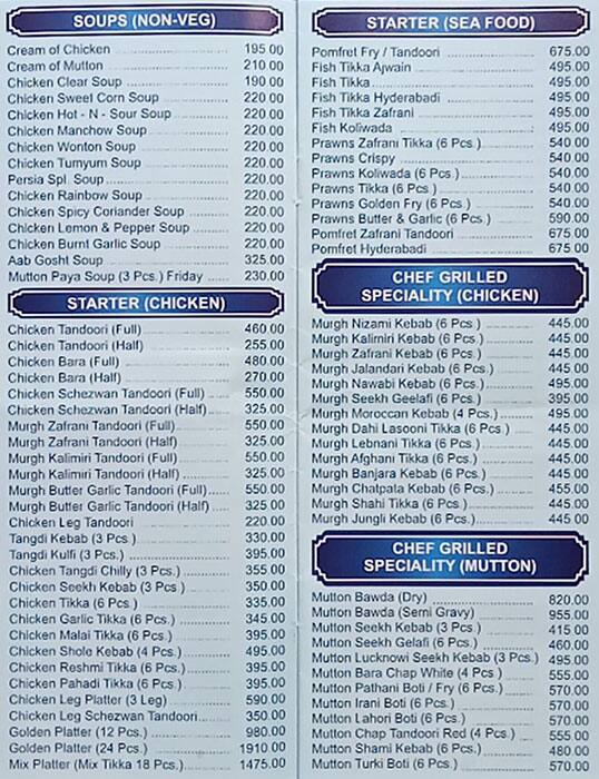 Persia Darbar menu