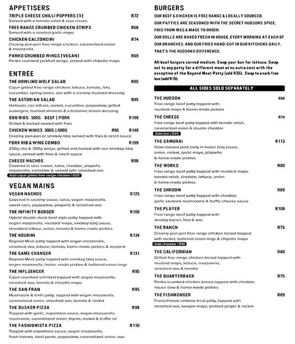 Menu at Hudsons - The Burger Joint (Gardens) pub & bar, Cape Town, 69A ...