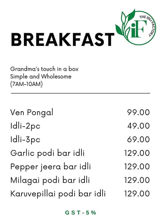 the idli factory menu