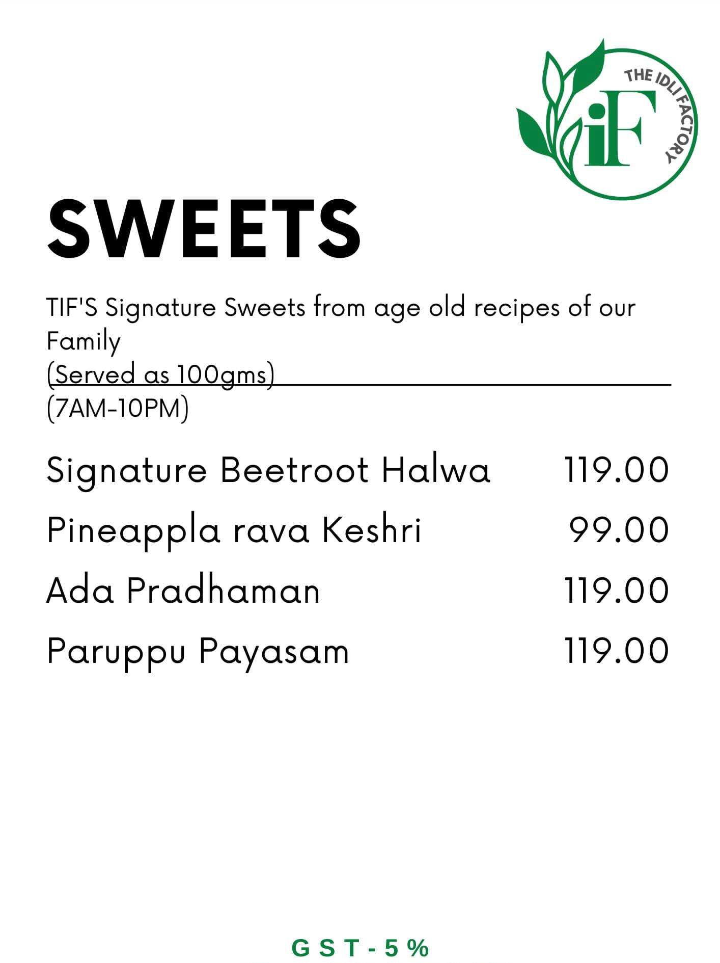 the idli factory menu