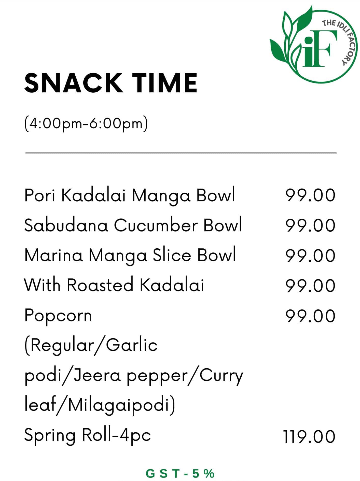 the idli factory menu