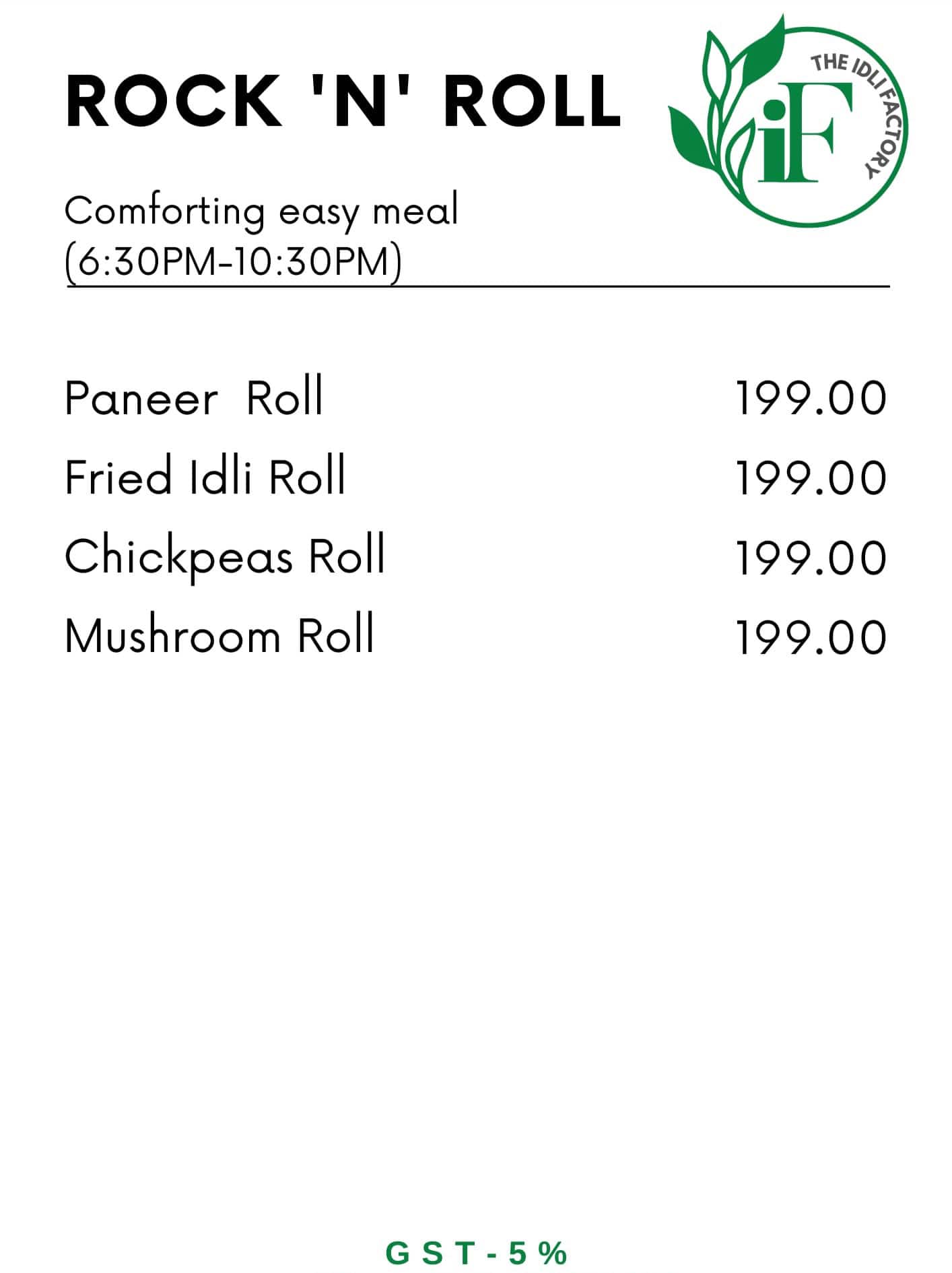 the idli factory menu