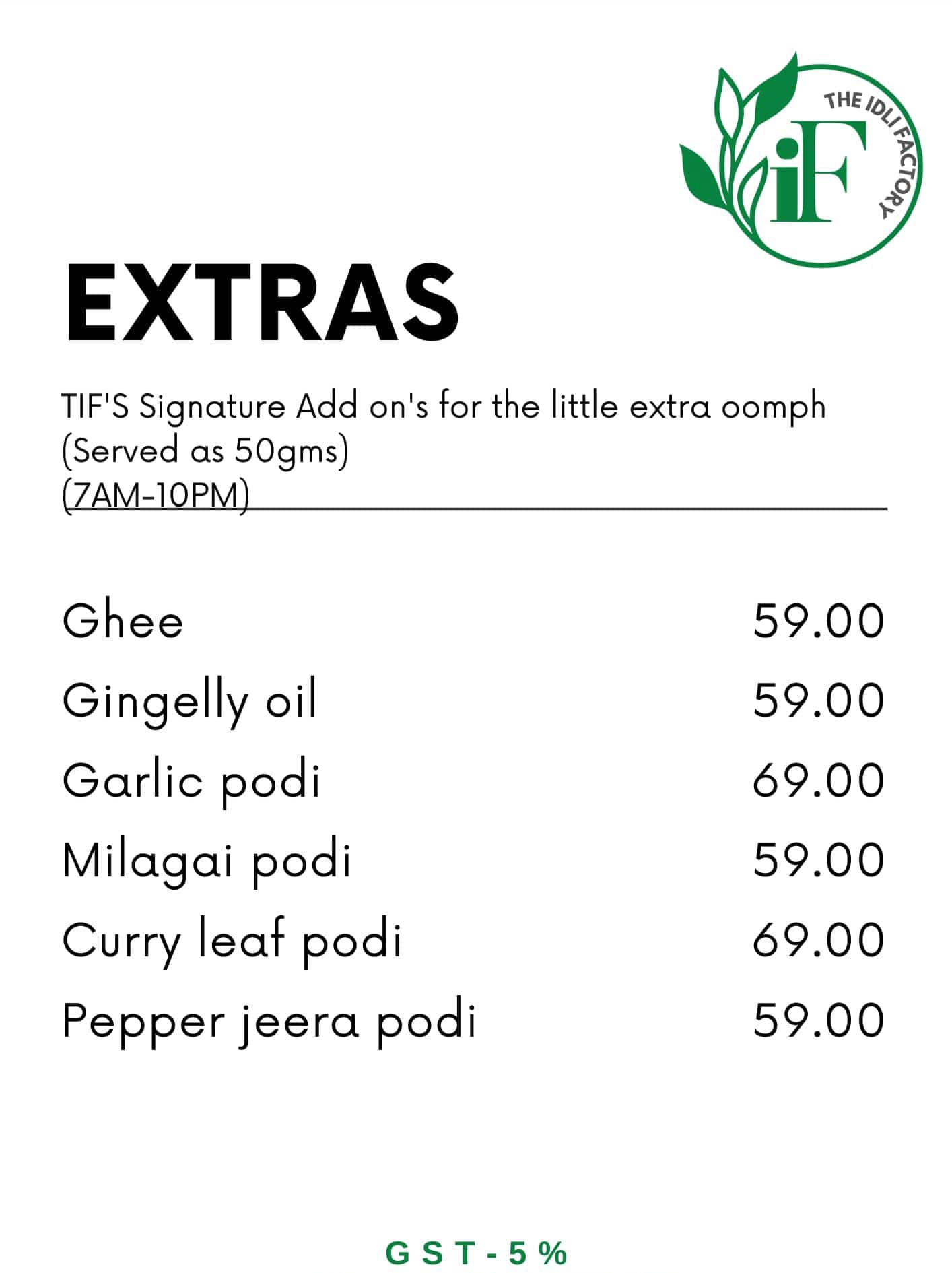 the idli factory menu