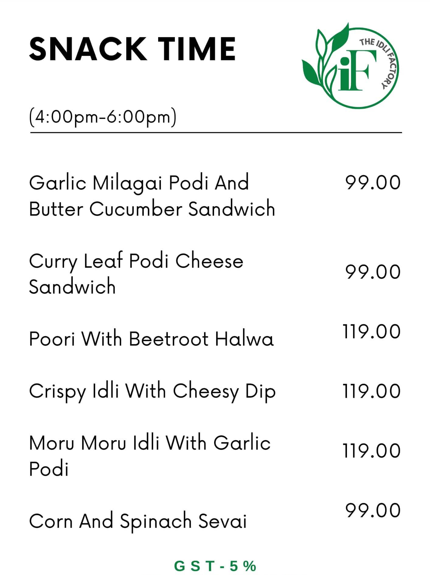 the idli factory menu