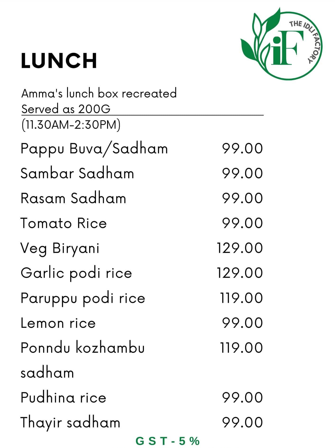 the idli factory menu