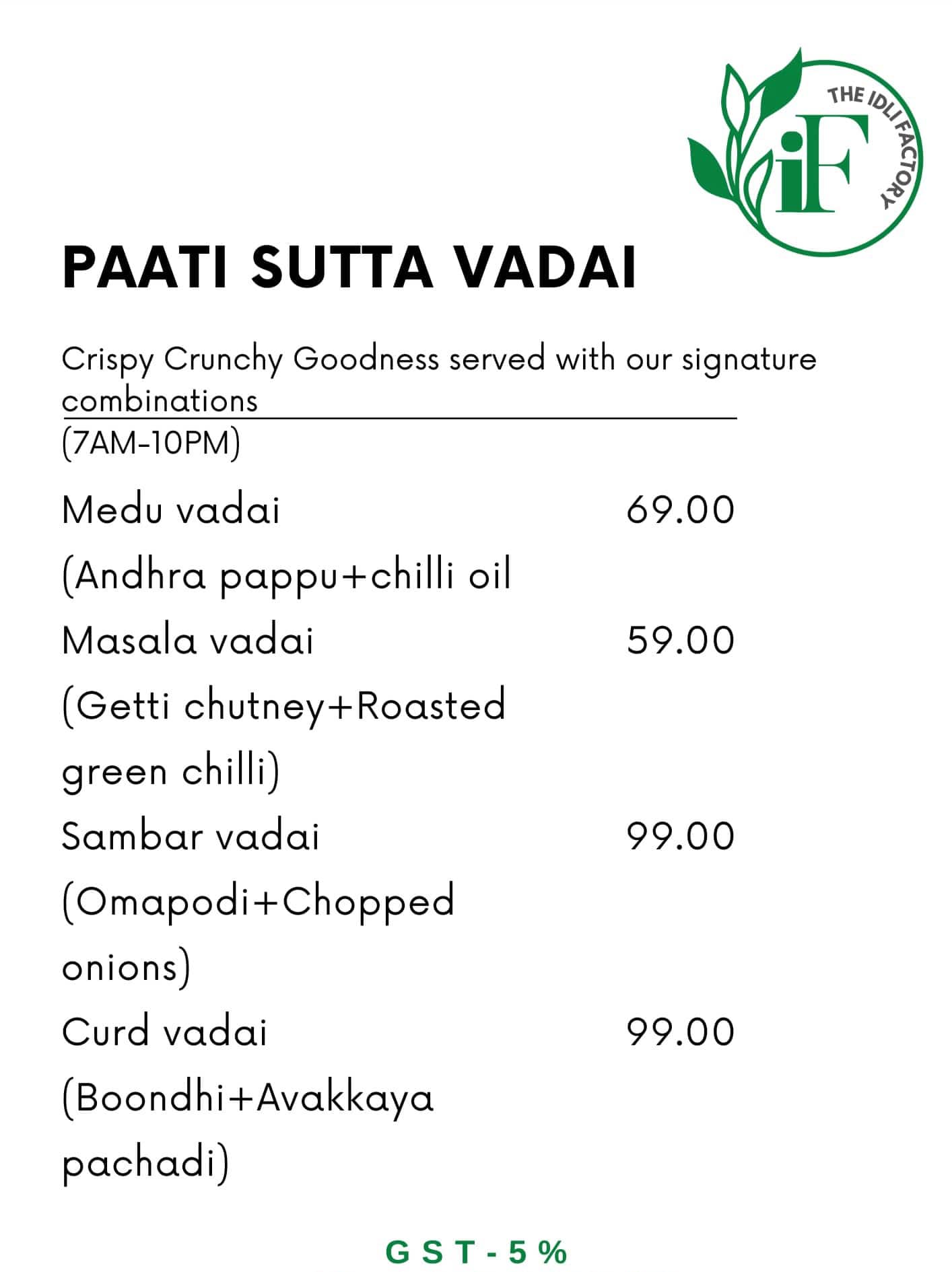 the idli factory menu