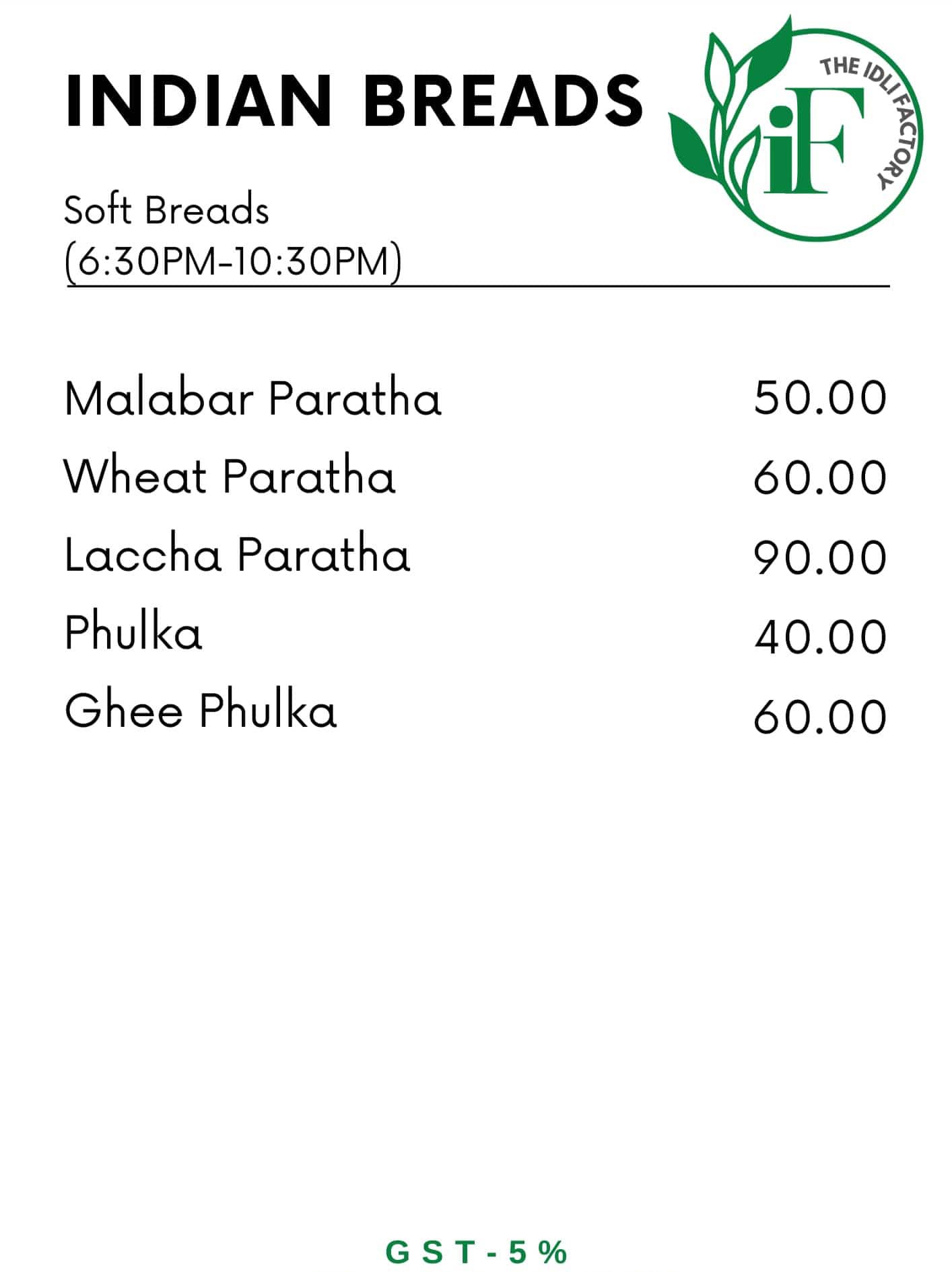 the idli factory menu