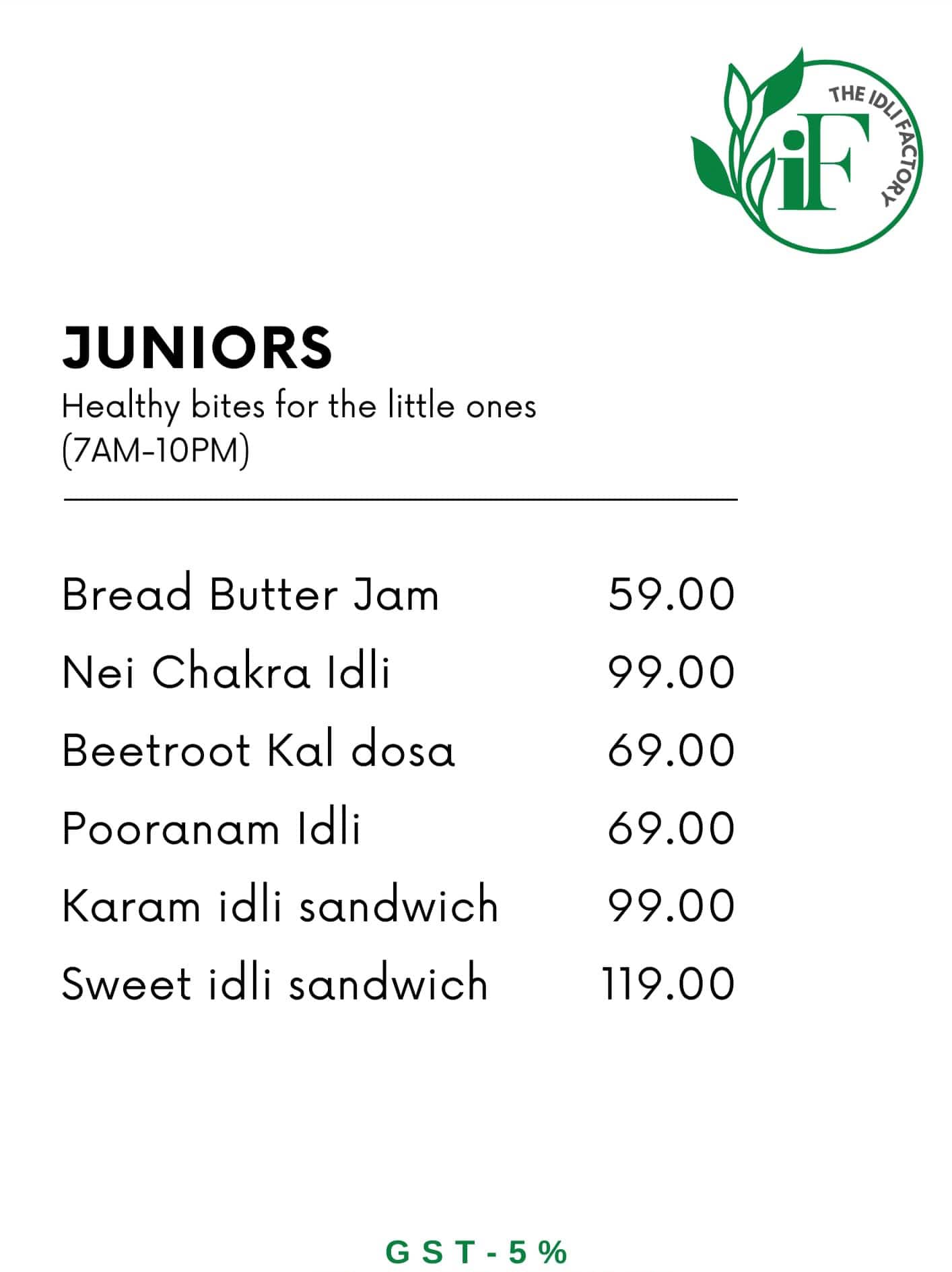 the idli factory menu