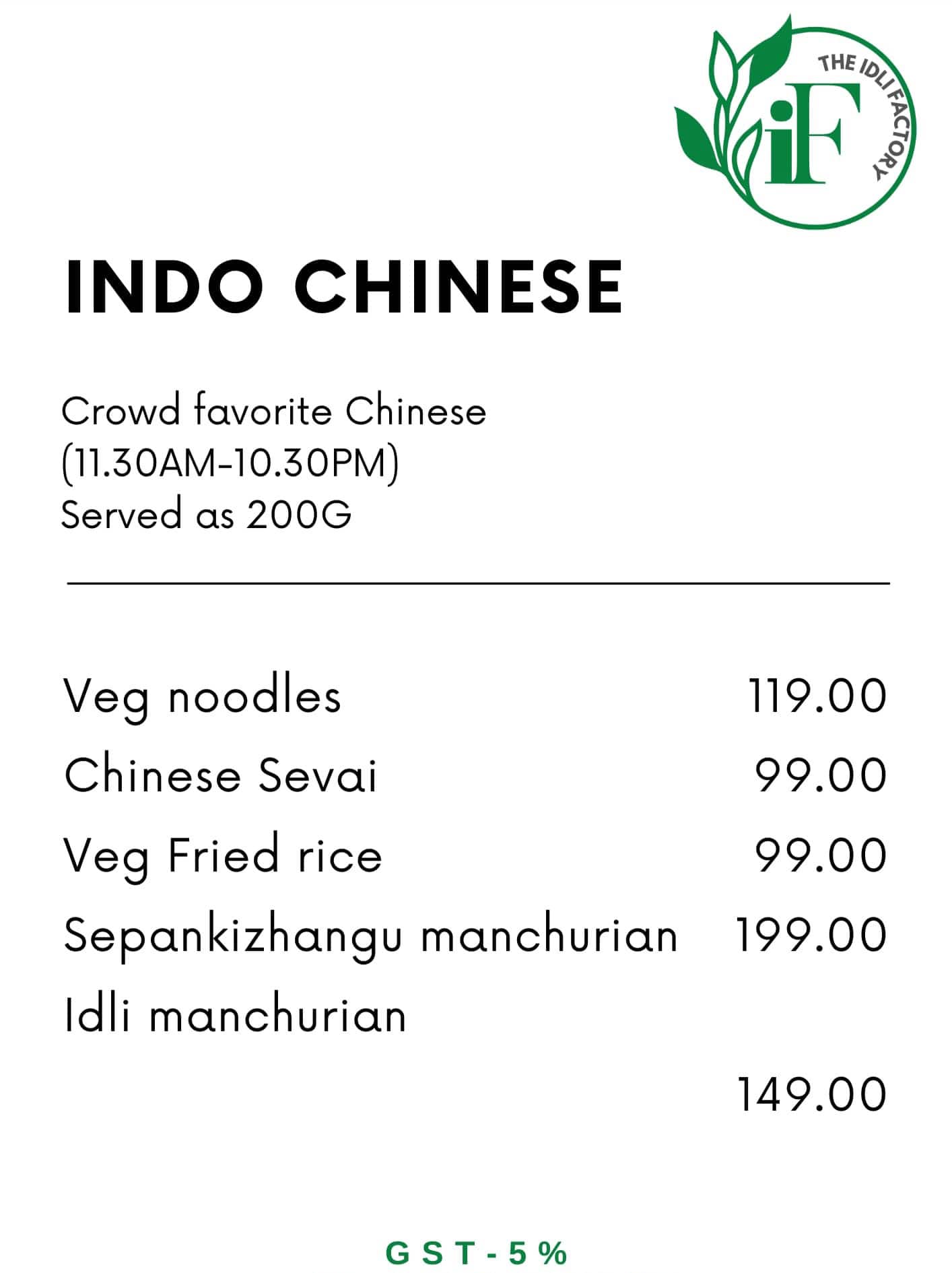 the idli factory menu