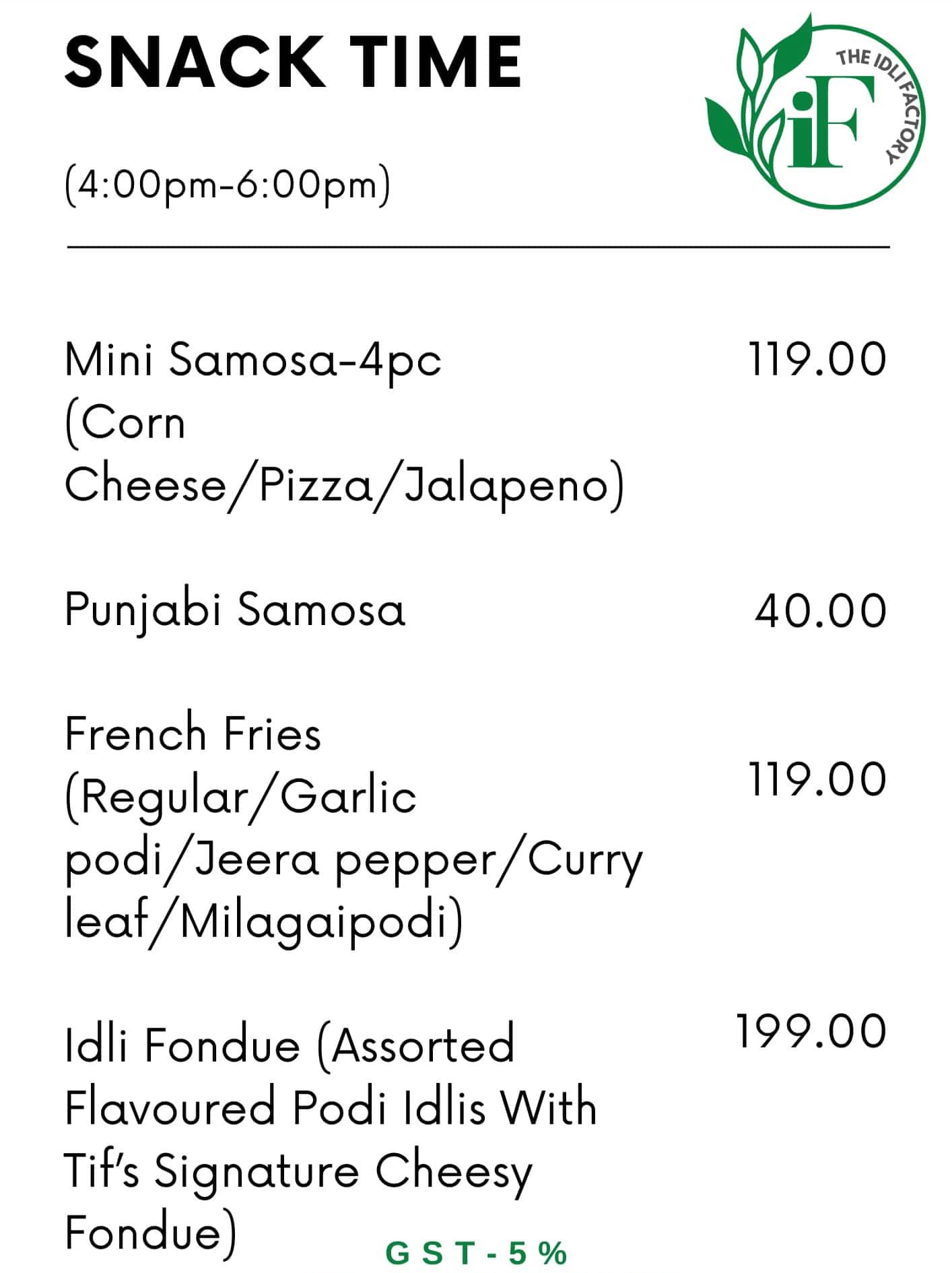 the idli factory menu
