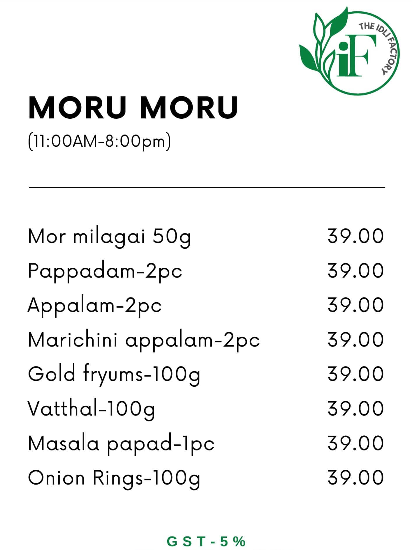 the idli factory menu
