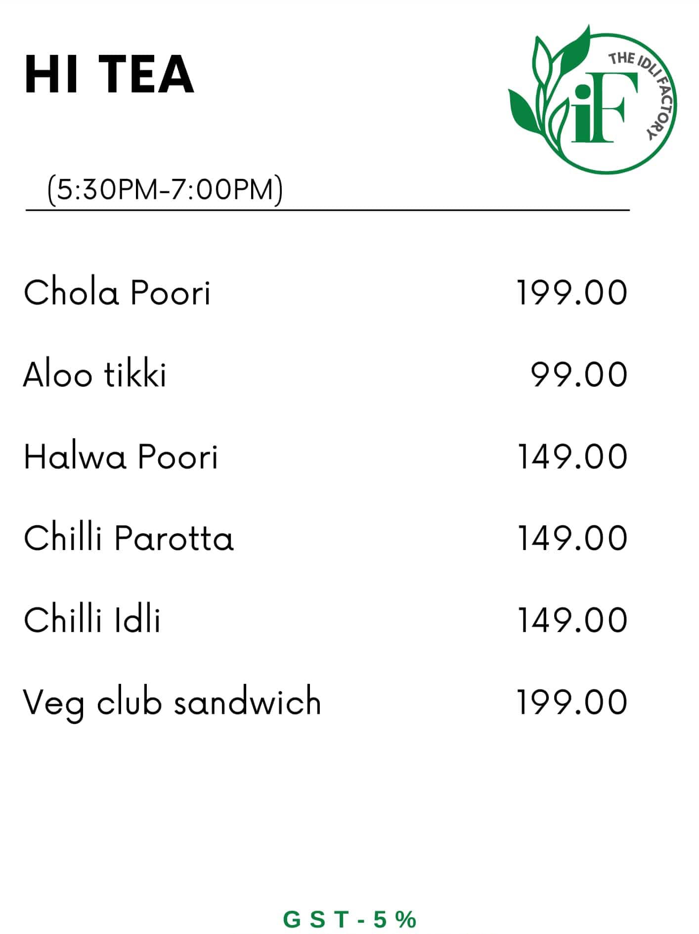 the idli factory menu
