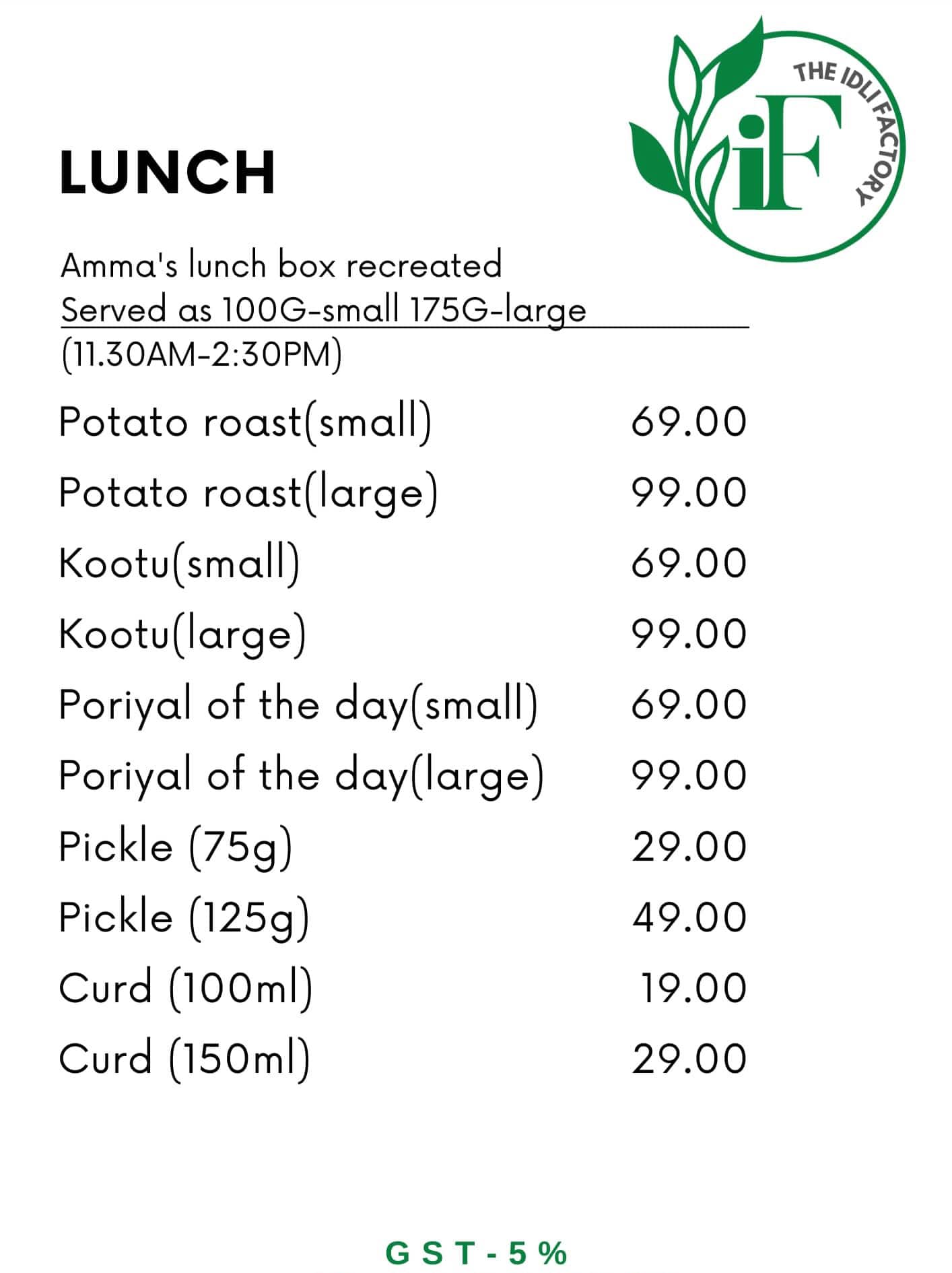 the idli factory menu