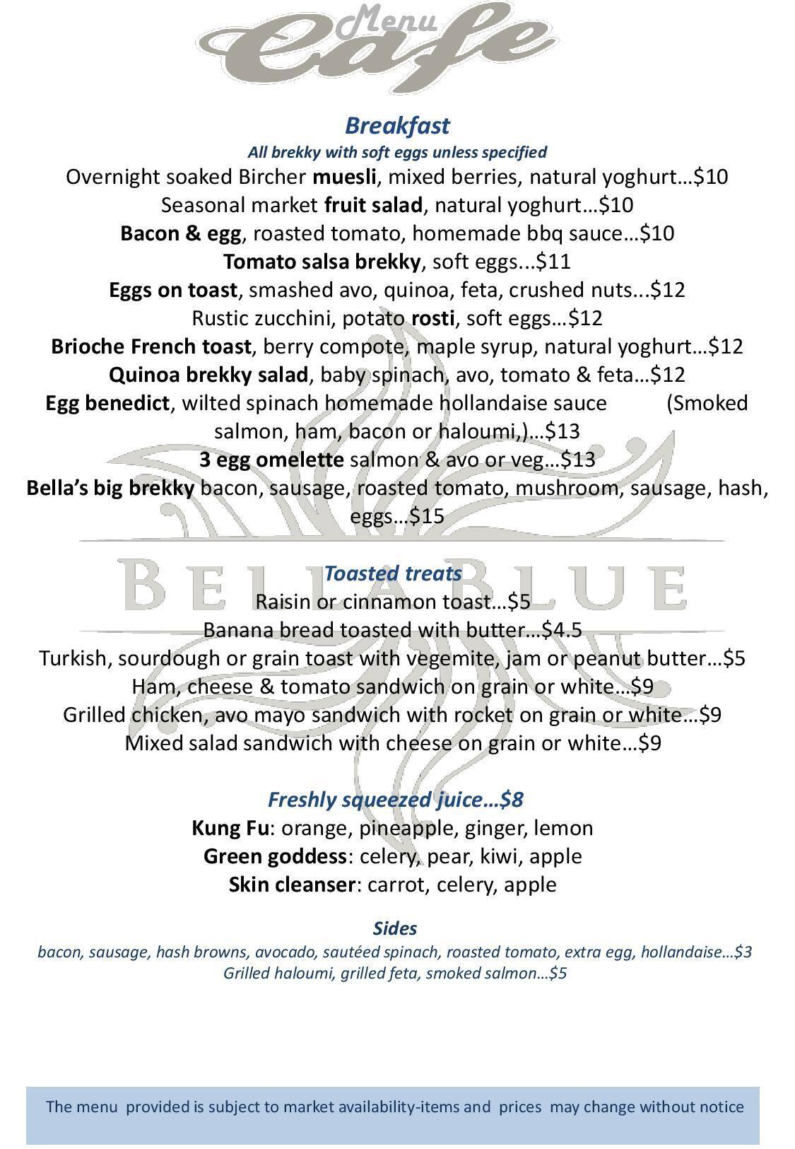 Bella Blue Cafe Menu Menu For Bella Blue Cafe Lindfield Sydney