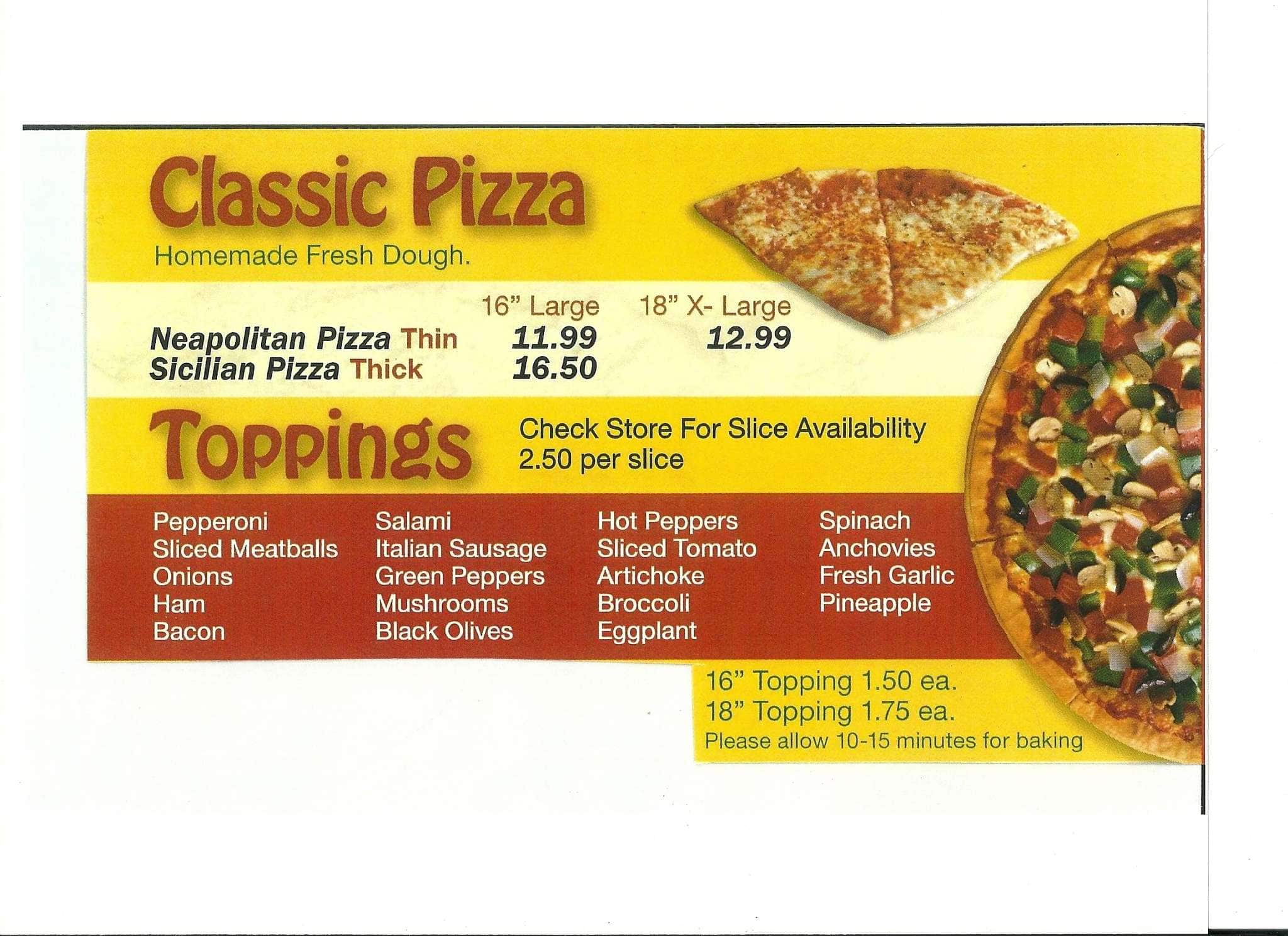 Esposito's pizza menu