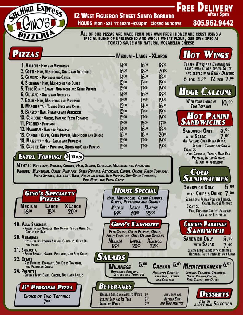 Gino's Sicilian Express Menu Urbanspoon/Zomato