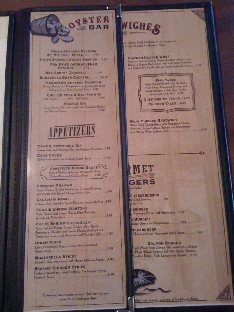 Menu at Mcgrath's Fish House restaurant, Medford