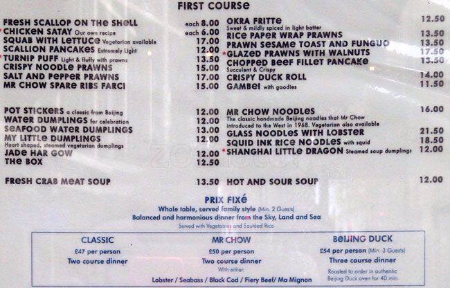 Menu At Mr Chow Restaurant London