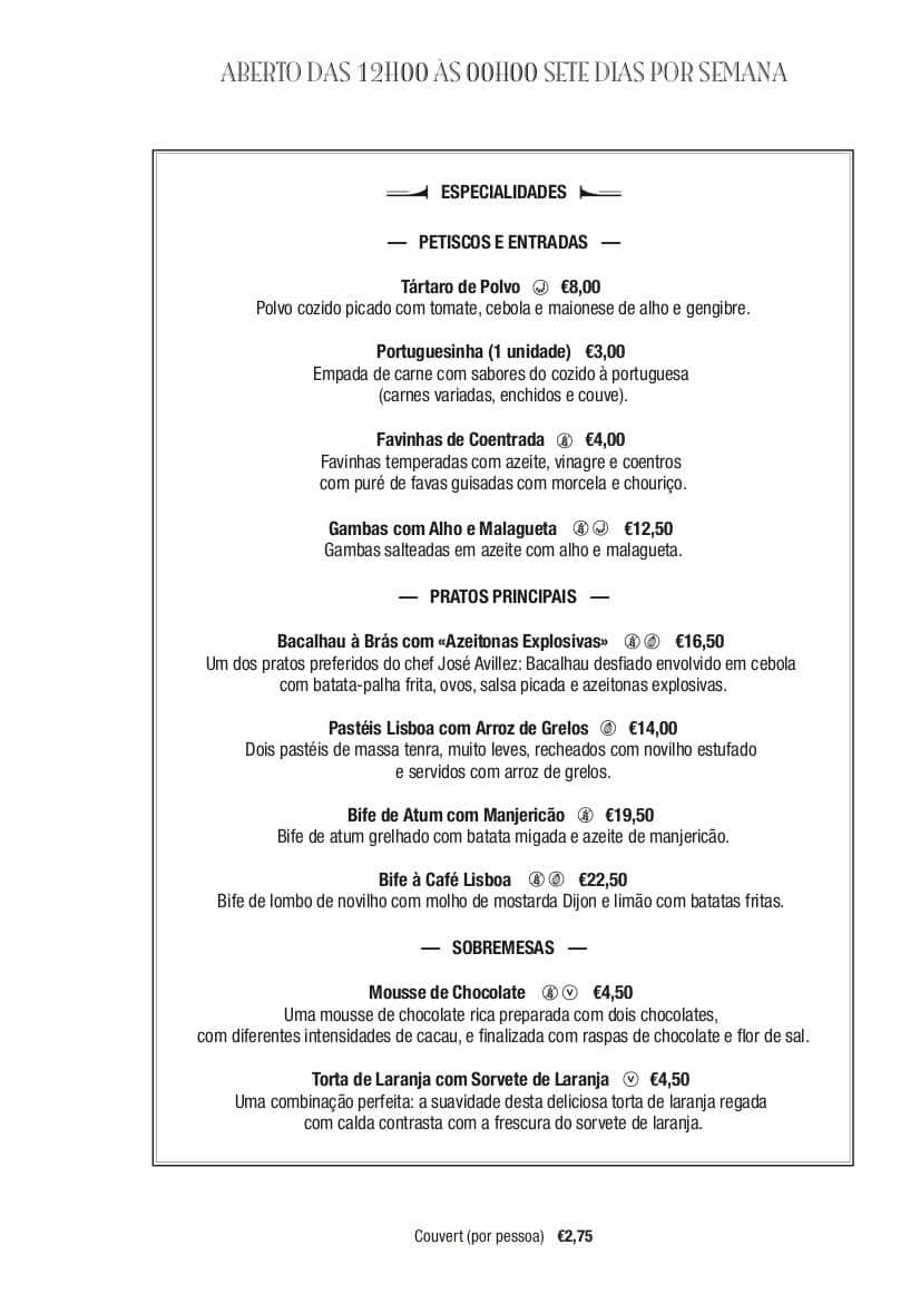 Café Lisboa Menu, Menu de Café Lisboa, Chiado, Lisboa