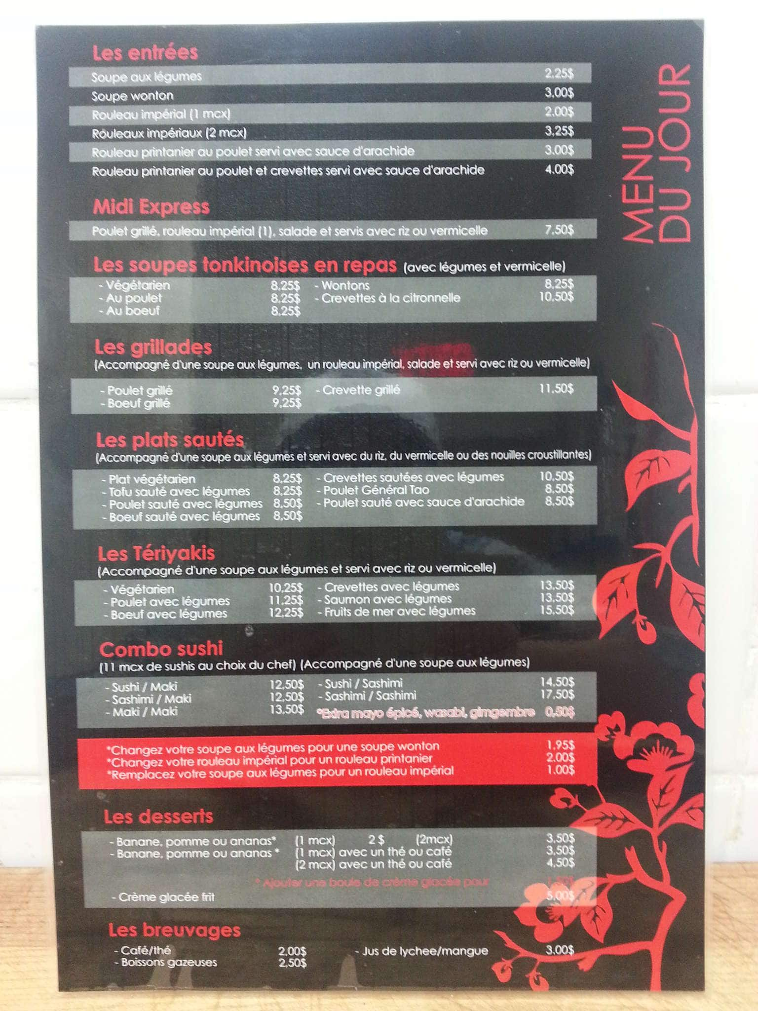 Menu de La Riziere d'asie