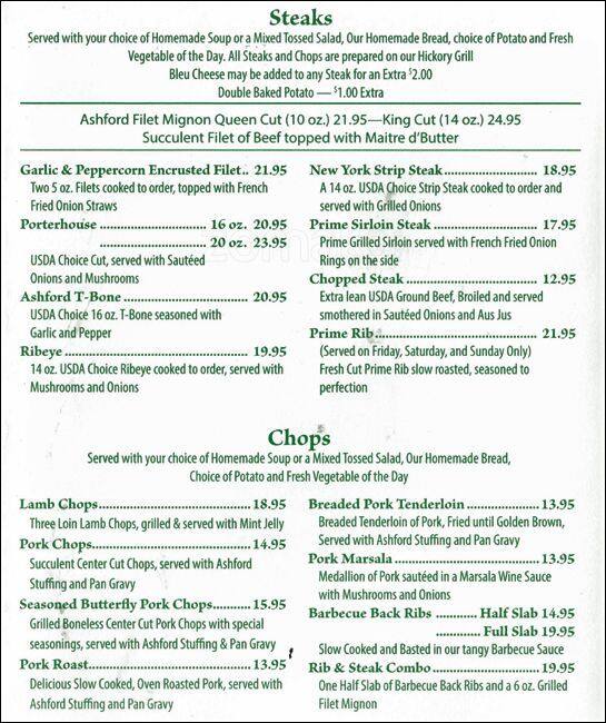 Menu at Ashford House restaurant, Tinley Park