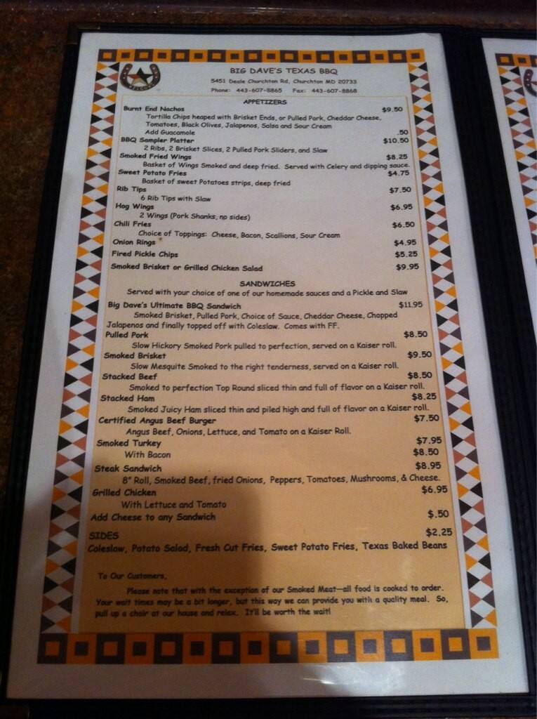 Big Dave's Texas BBQ Menu Urbanspoon/Zomato