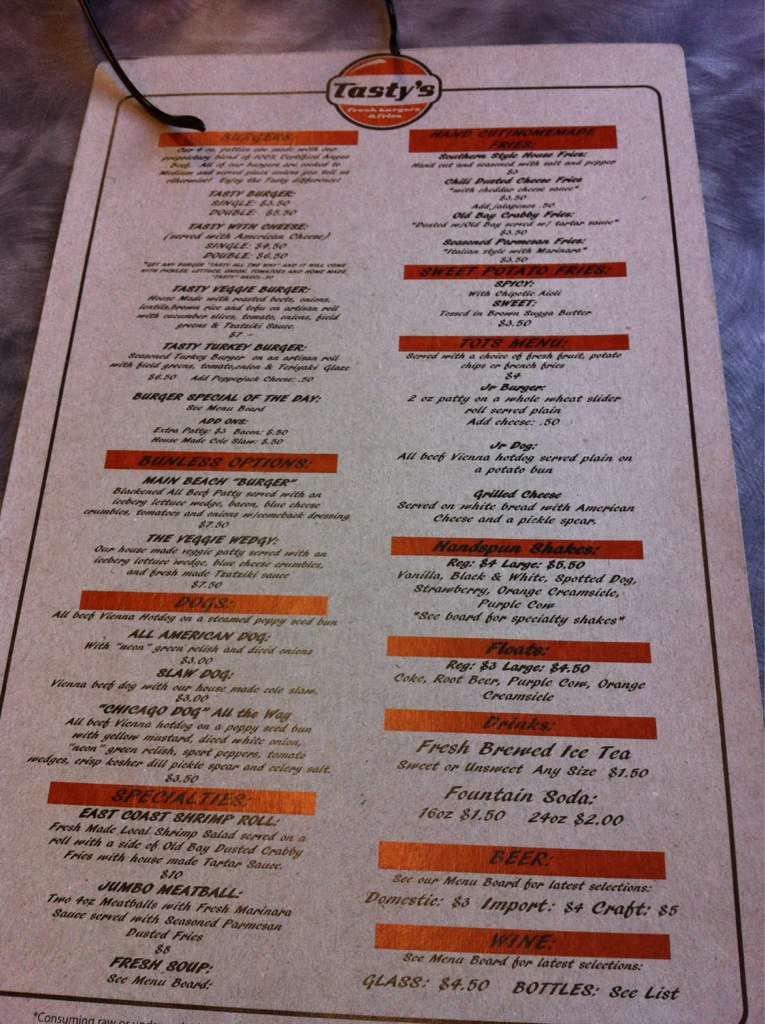 Menu at Tasty's Fresh Burgers restaurant, Fernandina Beach, 710 Centre St