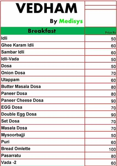 Menu Of Hotel Vedham, L B Nagar, Hyderabad