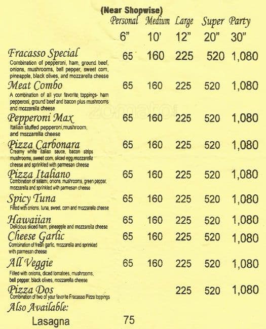 Fracassos Pizza Menu