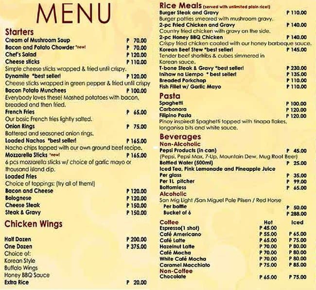 Xander's Diner Menu, Menu for Xander's Diner, Pamplona, Las Piñas City