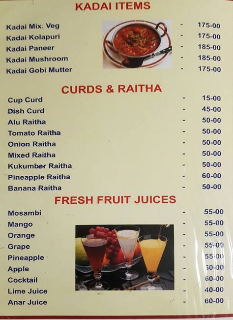 Hotel Shanthi Deluxe menu