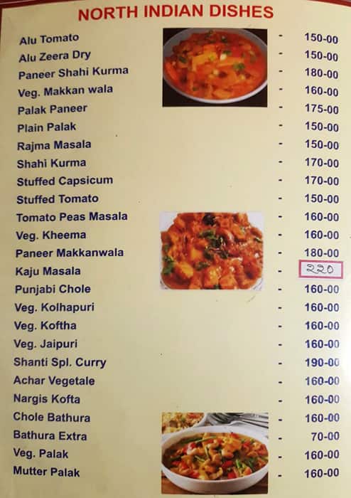 Hotel Shanthi Deluxe menu
