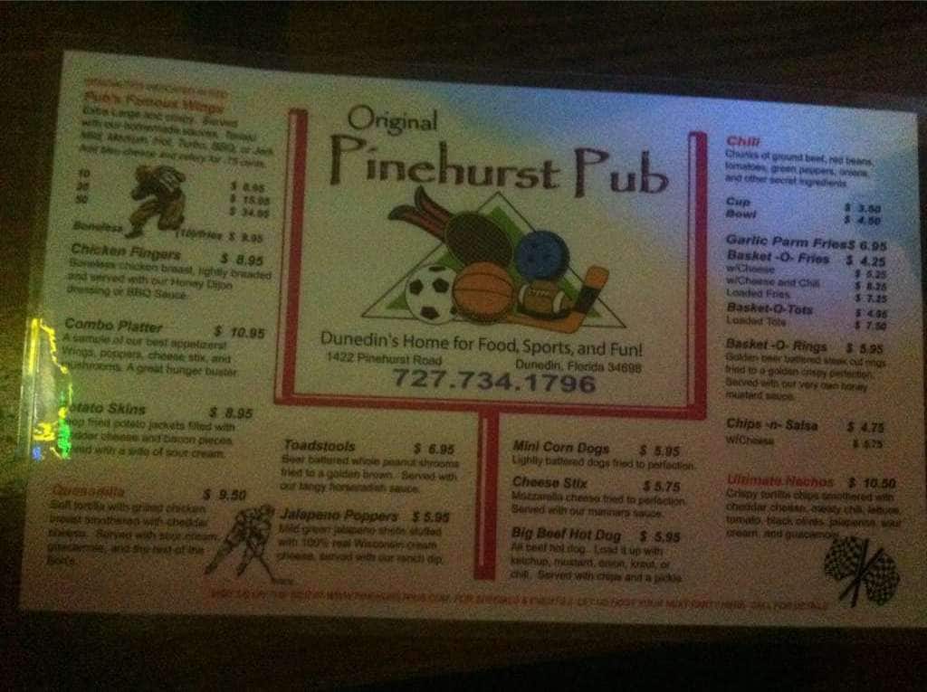 Menu at Pinehurst Pub, Dunedin