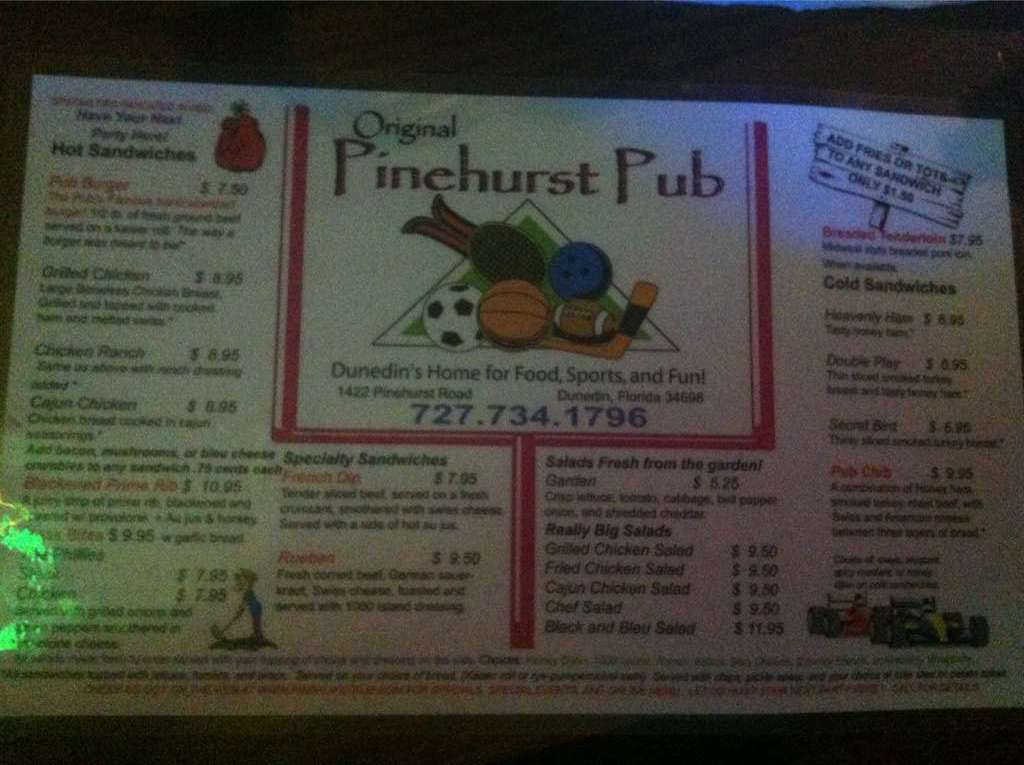 Original Pinehurst Pub Menu, Menu for Original Pinehurst Pub, Dunedin