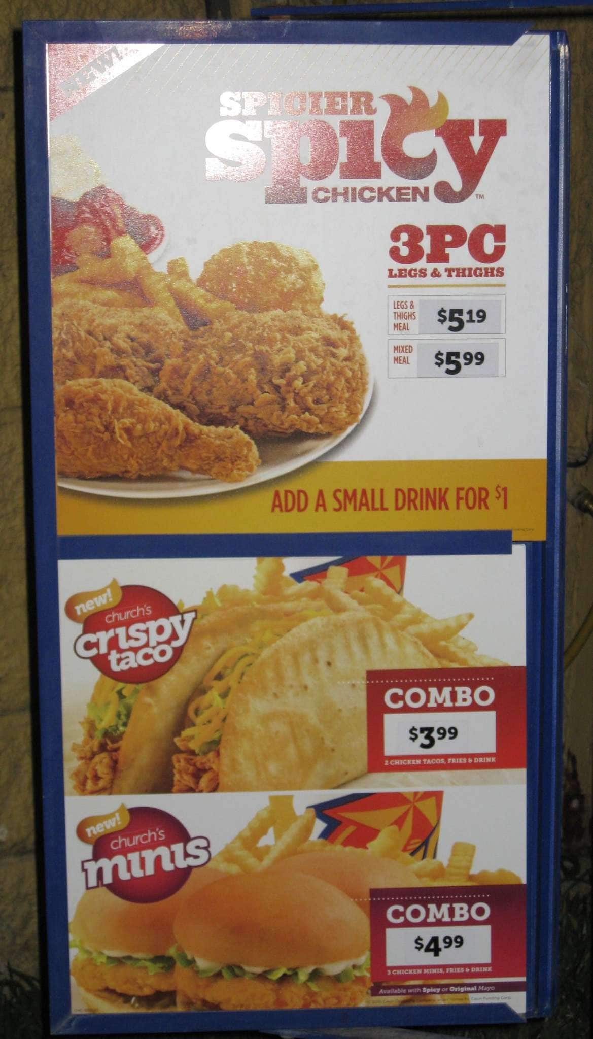 Menu at Church's Chicken fast food, McAllen, W Nolana Ave