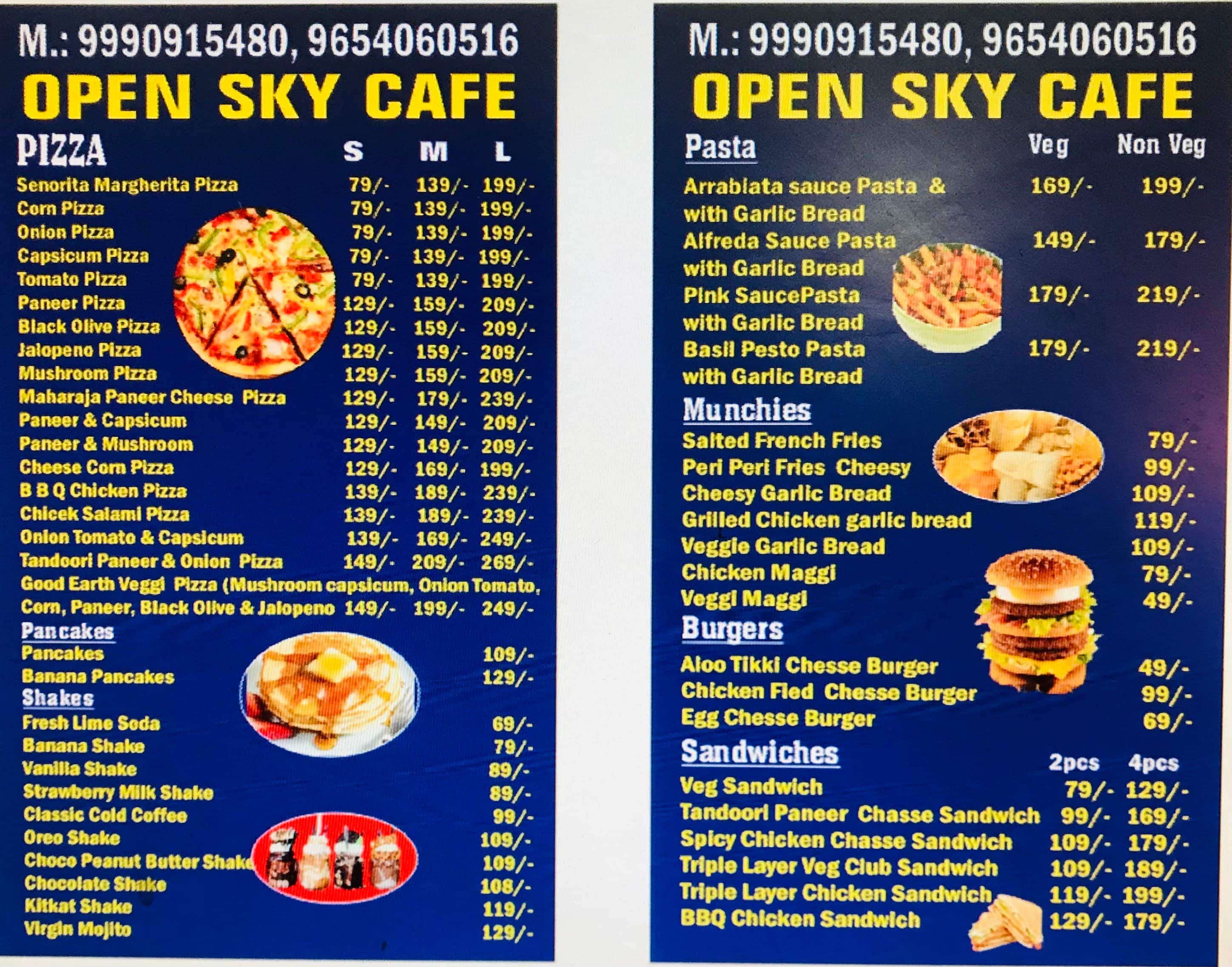 Menu at Open sky cafe, Delhi