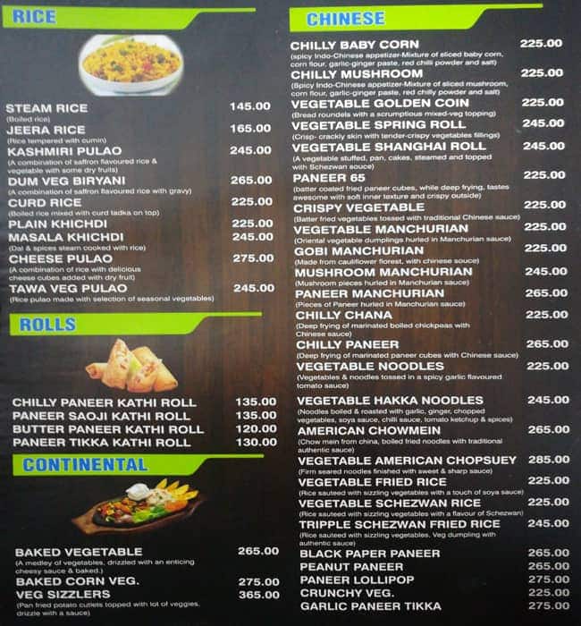 Menu of Hotel President, Sitabuldi, Nagpur