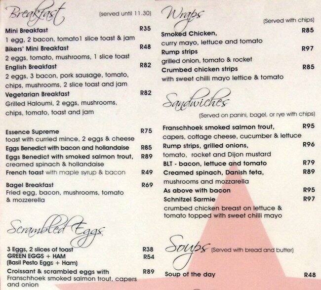 Essence Restaurant Coffee Bar Menu