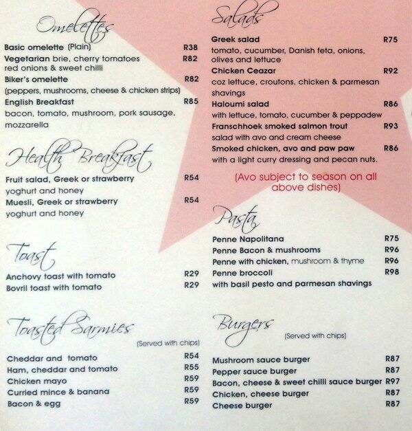 Menu At Essence Cafe Franschhoek Huguenot Square