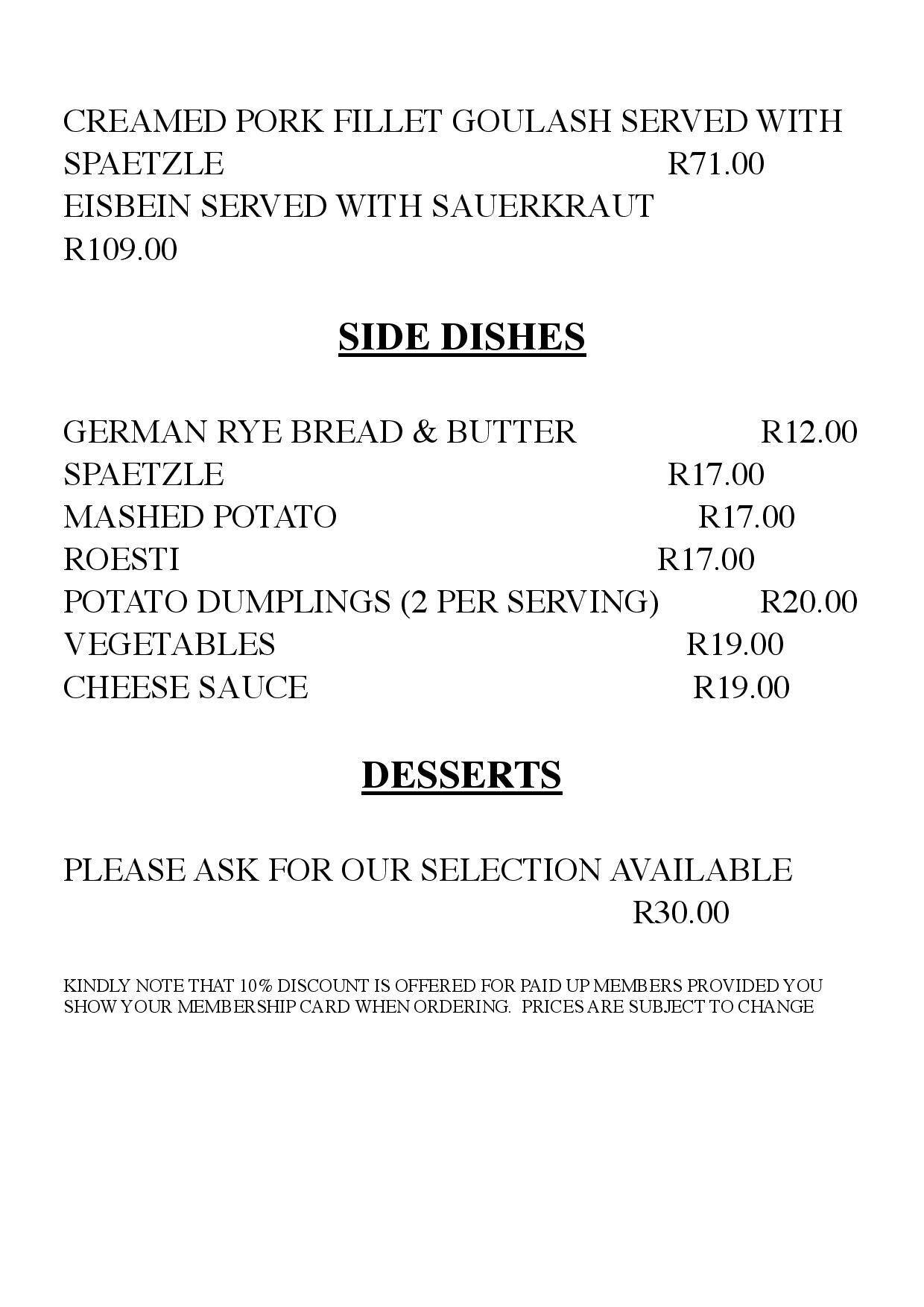 Wunderbar menu