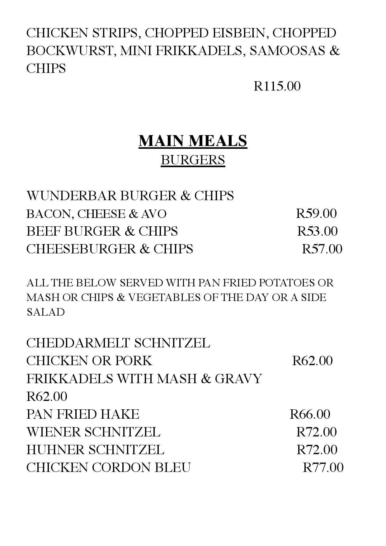 Wunderbar menu
