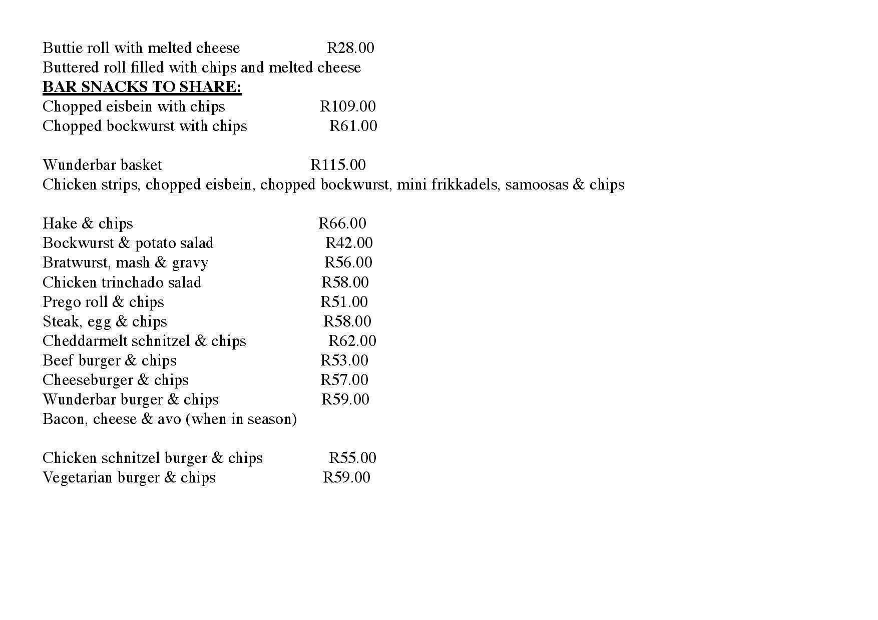 Wunderbar menu
