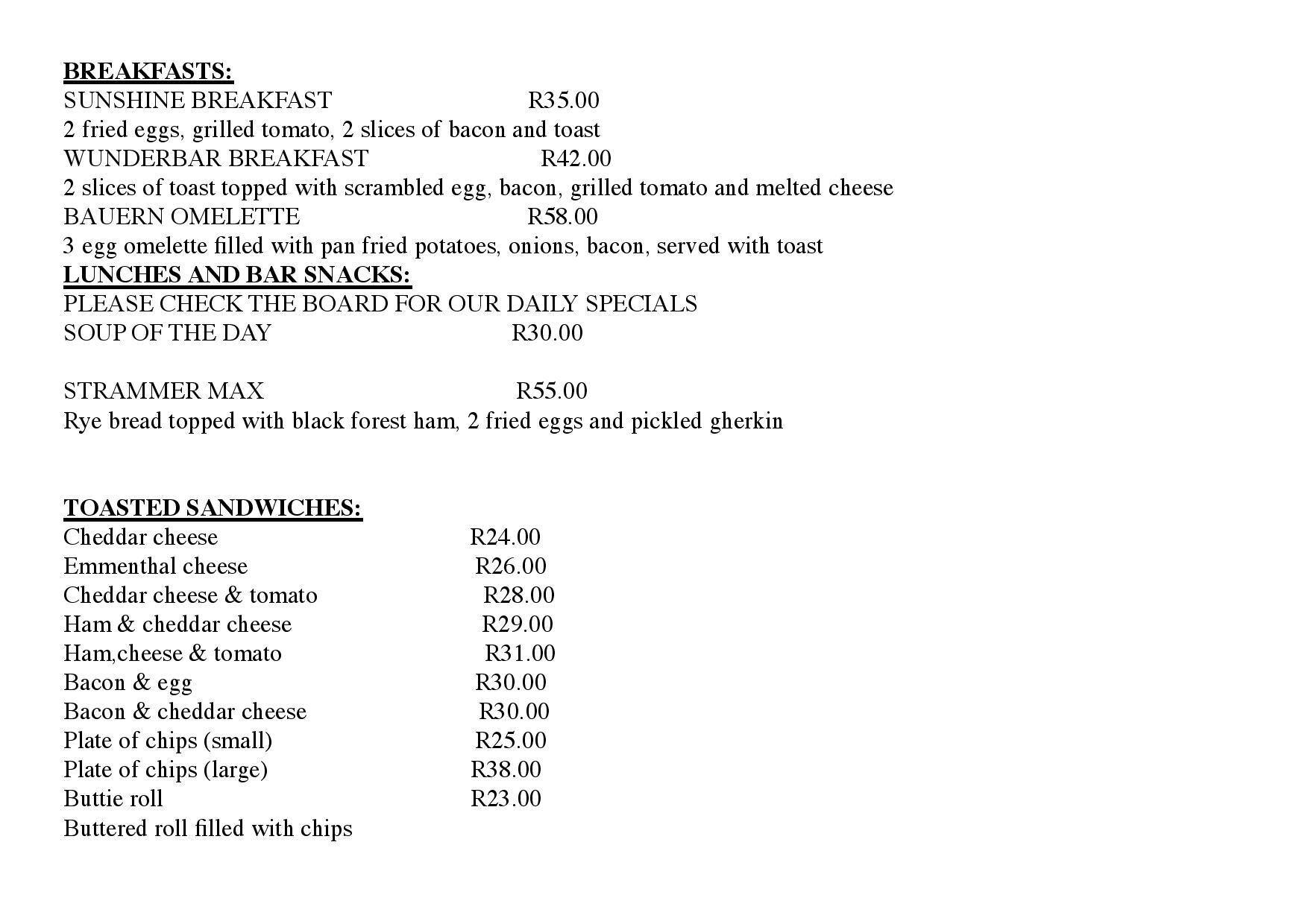Wunderbar menu