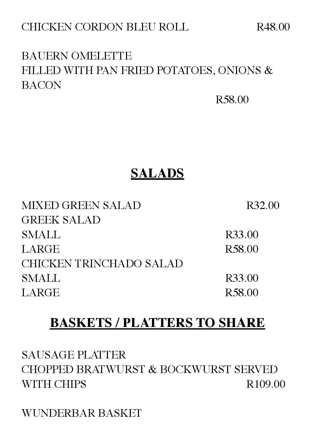 Wunderbar menu