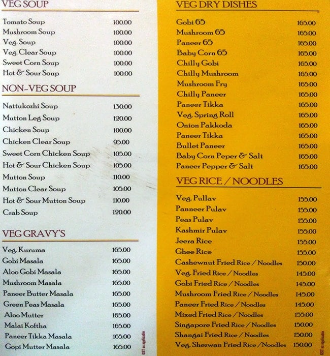 Ponnusamy Hotel menu