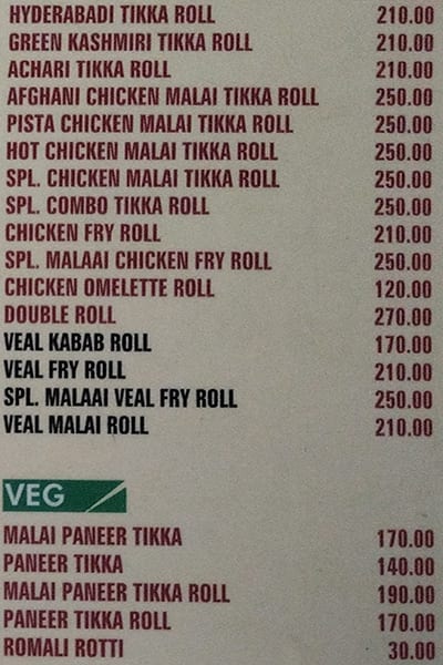 Kabab Corner menu