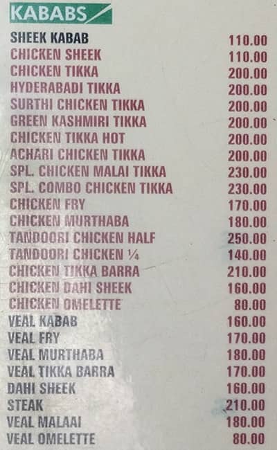 Kabab Corner menu