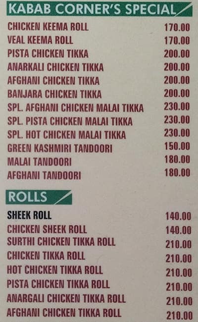 Kabab Corner menu