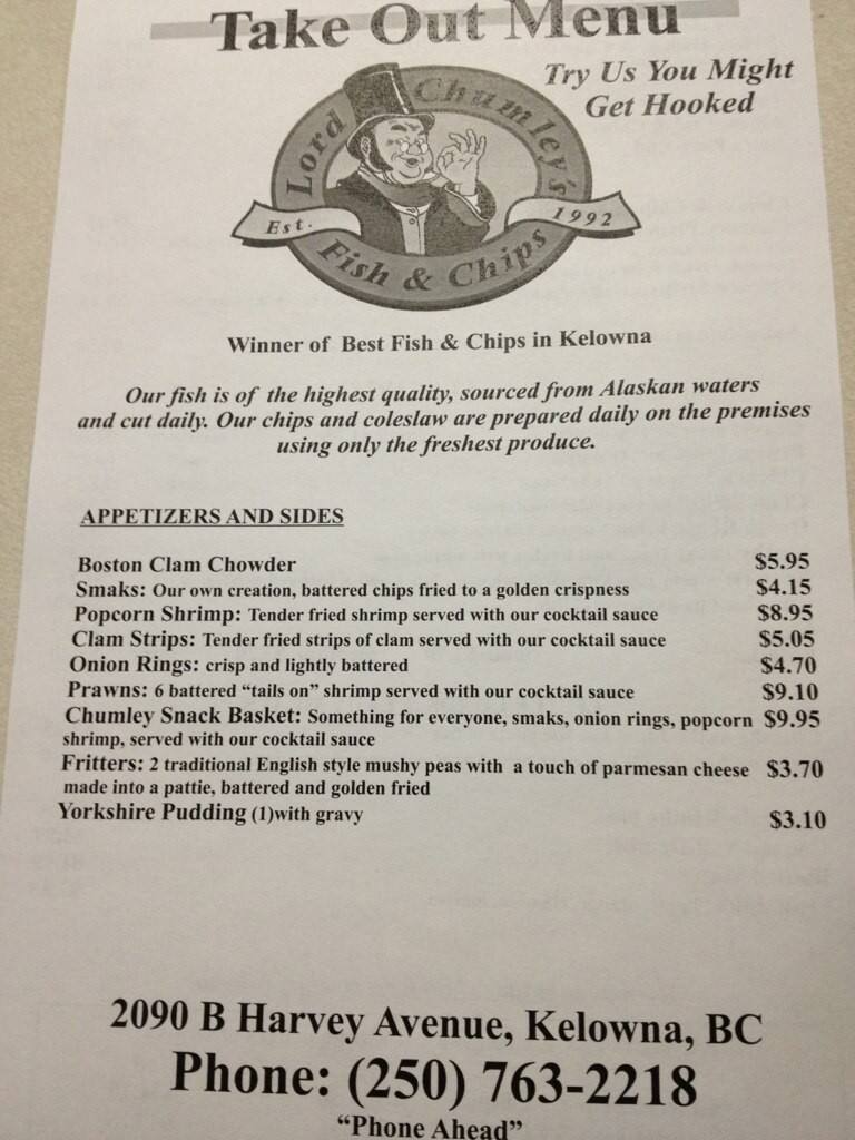 Menu at Lord Chumley's Fish & Chips restaurant, Kelowna, Harvey Ave