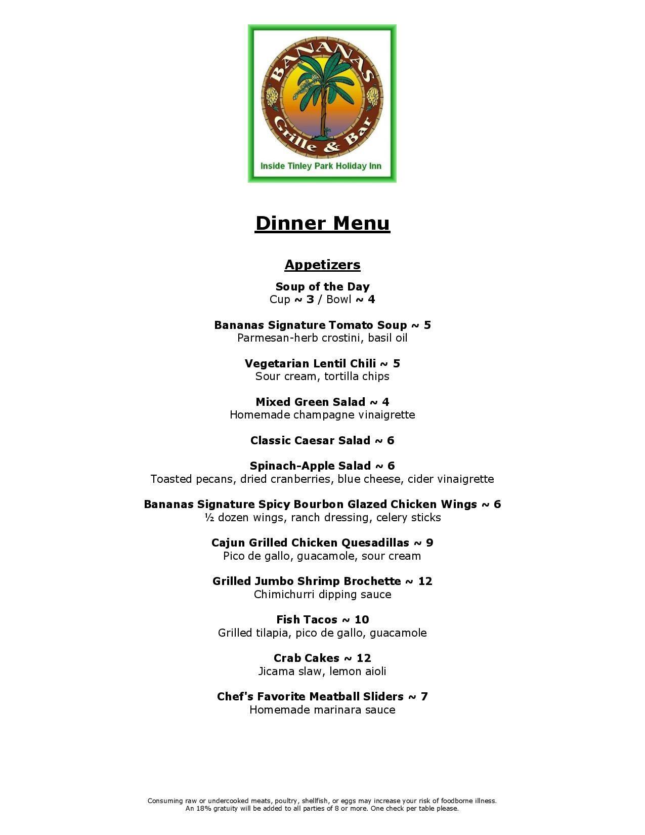 Menu at Bananas Grille & Bar, Tinley Park